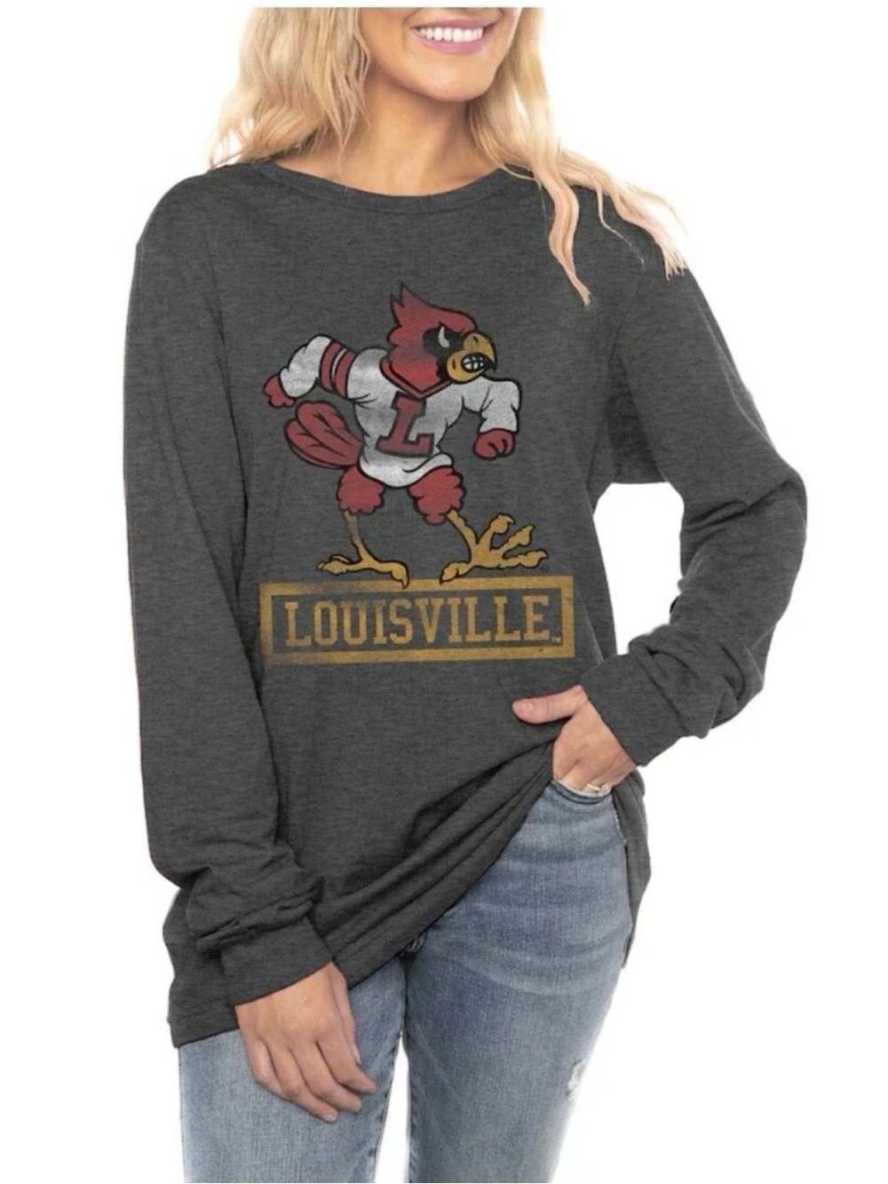 Gameday Couture Louisville Cardinals Boyfriend T-Shirt Gray Long Sleeve Small